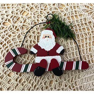 Santa Claus Riding Candy Cane Wooden Christmas Ornament 7" Vintage Decor
